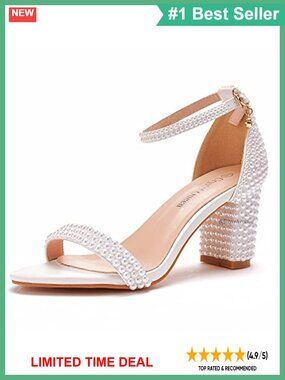 Pearl Lace Block Heel Sandals Peep Toe Wedding Evening Shoes
